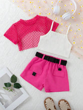 Young Girl Summer Casual Outfit, Mesh Lace Top + Strappy Tank Top + Cargo Shorts Belted Three-Piece Set